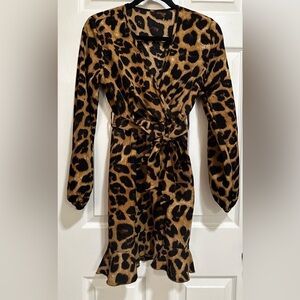 Leapord Print Belted Mini Dress With Ruffed Bottom In Small